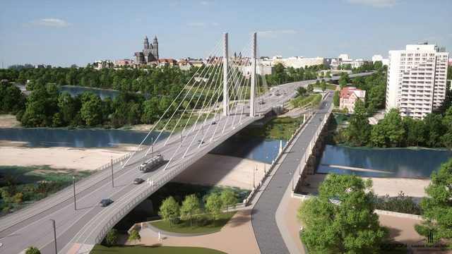 Pylonbrücke erhält weitere Stahlbauteile / Freivorbau in Richtung Ostufer