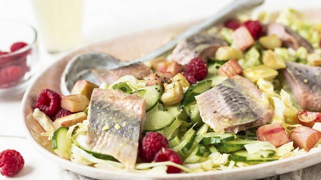 Genussmomente: Matjes auf Gurken-Rhabarber-Salat