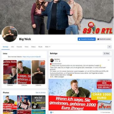 Dreiste Facebook-Abzocke mit Fake-Accounts / Falscher 89.0 RTL-Moderator BigNick lockt mit angeblichem Gewinnspiel